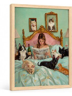 Whimsical Cat & Dog Wall Art, Woman Reading Canvas Print, Vintage Aesthetic